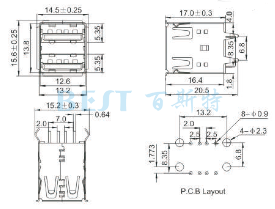 USB插座USB-A2-02參考圖紙